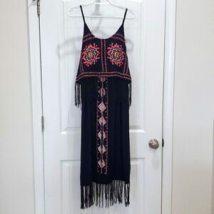 Riresort by,River Island Womans Embroidered Cami, Maxi Dress,with fringe,Med,NWT